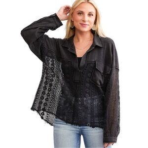 NWT POL Black Lace Detail Blouse Oversized Small